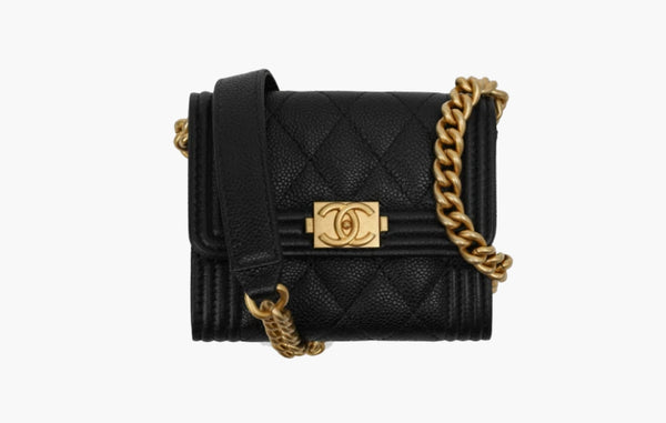 Chanel Boy Flap Coin Purse With Chain Grained Calfskin Gold Black | Sortage