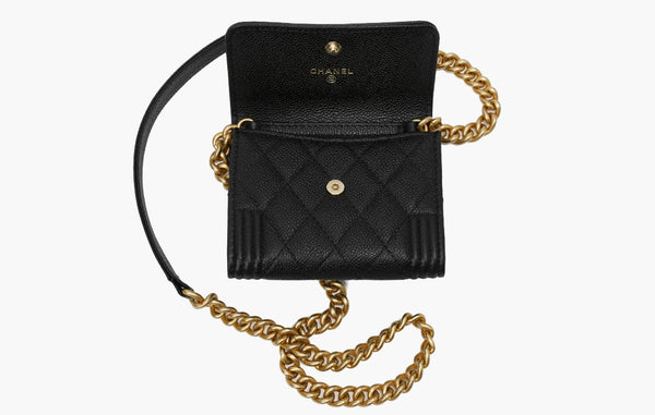 Chanel Boy Flap Coin Purse With Chain Grained Calfskin Gold Black | Sortage