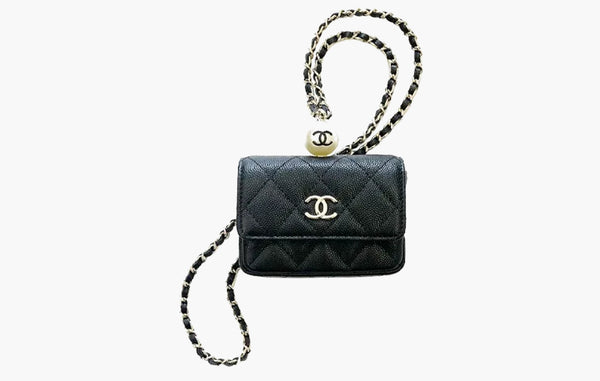 Chanel CC Pearl Flap Coin Purse With Chain Caviar Leather Bag Black | Sortage