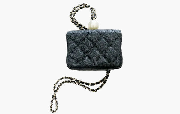 Chanel CC Pearl Flap Coin Purse With Chain Caviar Leather Bag Black | Sortage