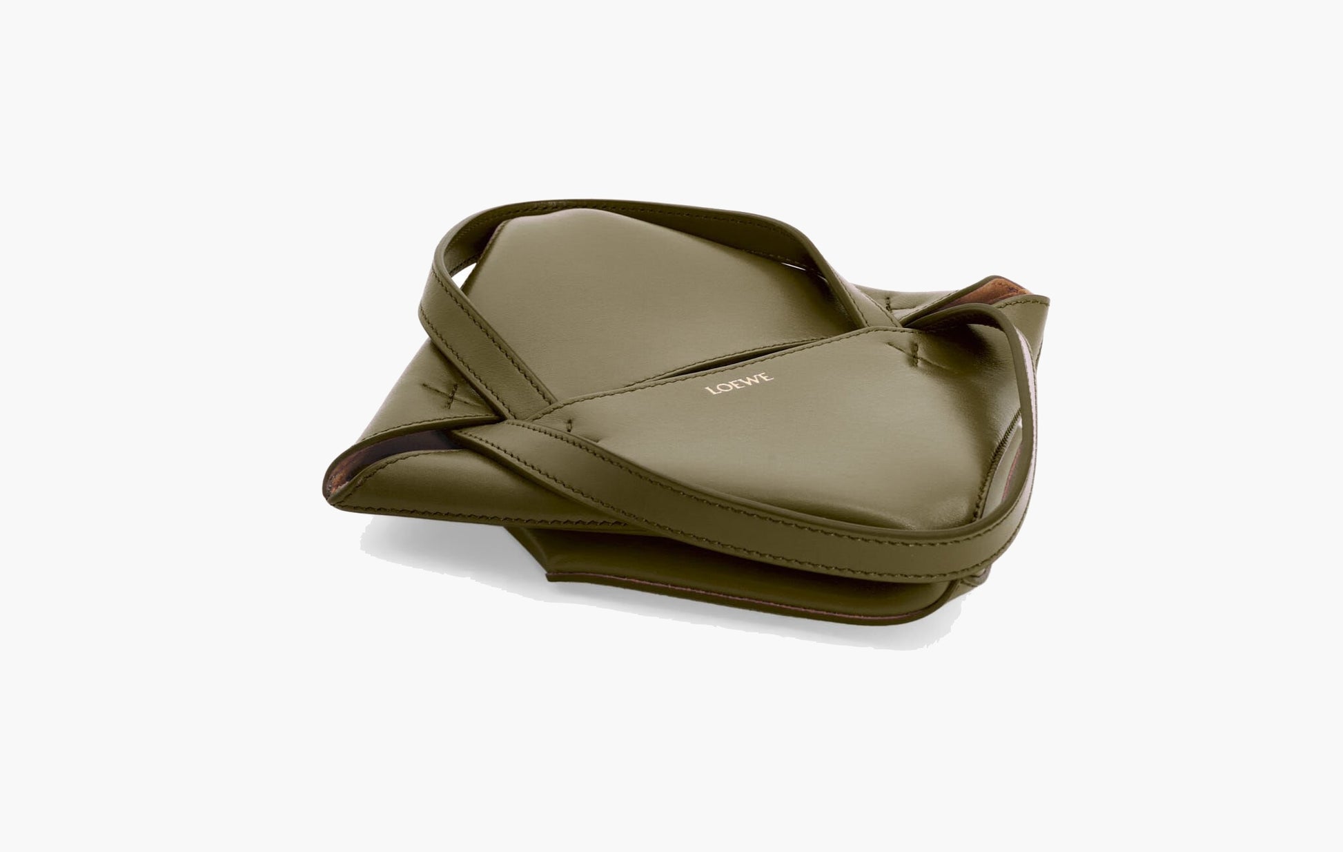 Loewe Puzzle Shiny Calfskin Leather Fold Tote Mini Bag Dark Khaki Green | The Sortage