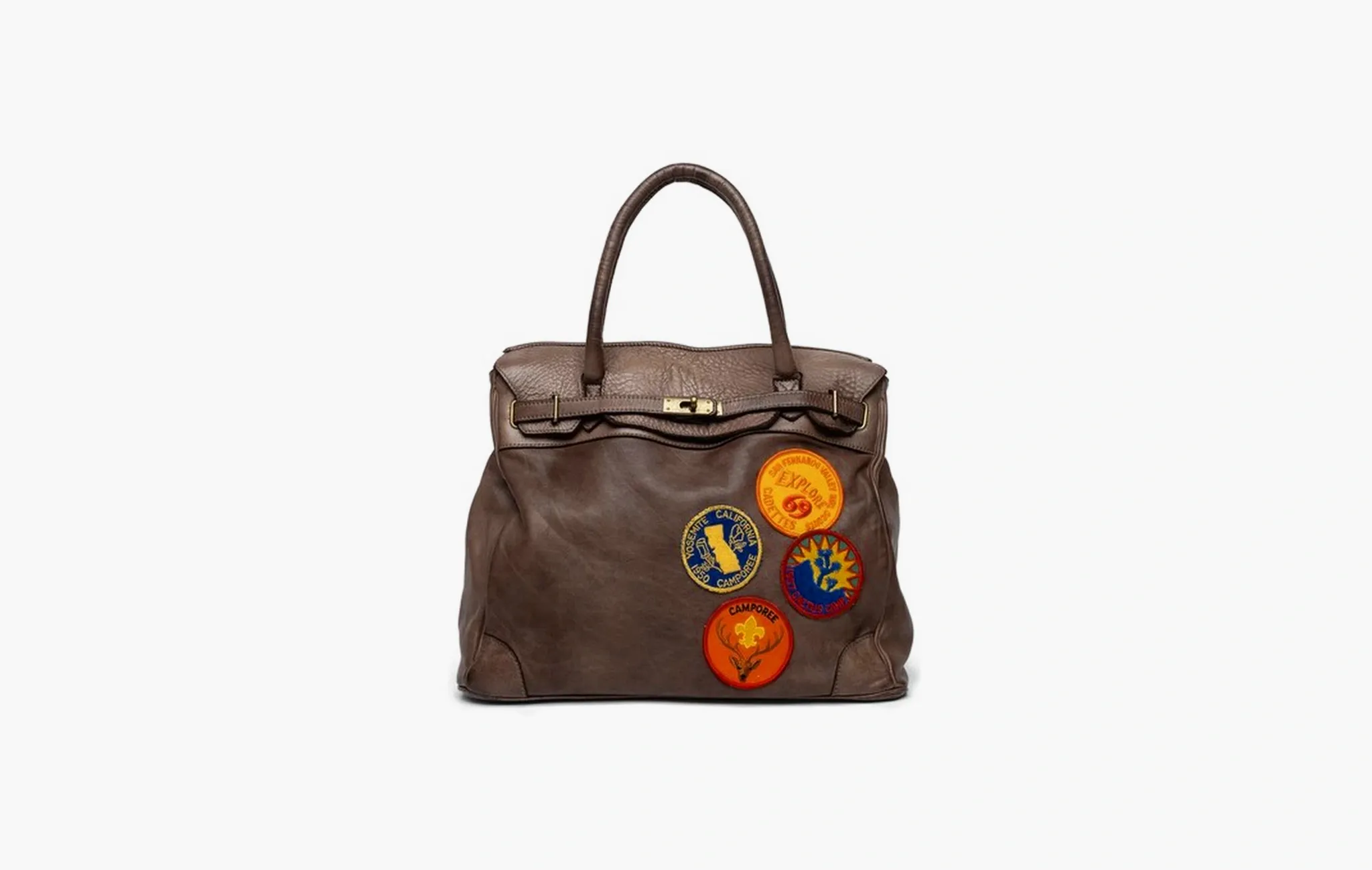 Patched Washed Calf Shoulder Bag Brown