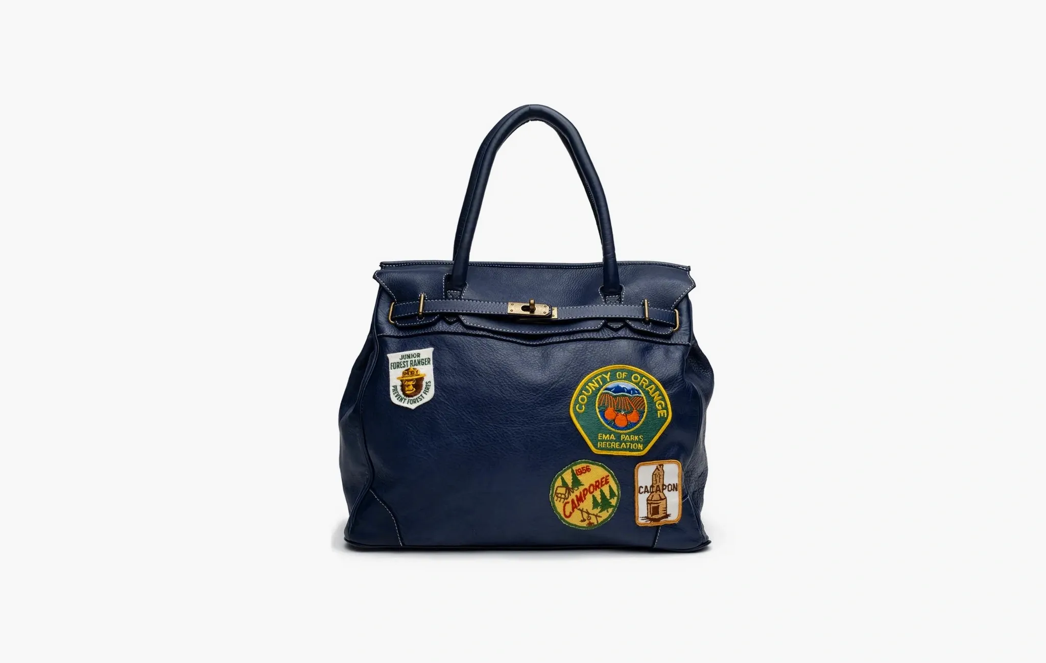 Patched Washed Calf Shoulder Bag Navy