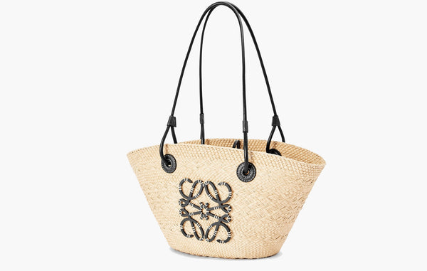 Loewe Anagram Iraca Palm and Calfskin Leather Small Basket Bag Natural Black | The Sortage