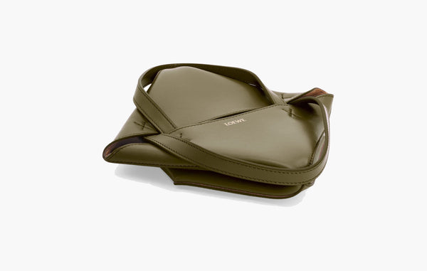Loewe Puzzle Shiny Calfskin Leather Fold Tote Mini Bag Dark Khaki Green | The Sortage